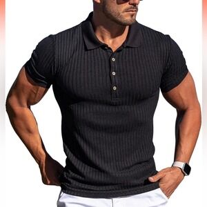 Collared Muscle Polo Shirts Men Slim Fit Textured Knit Shirts Short Sleeve NWT L